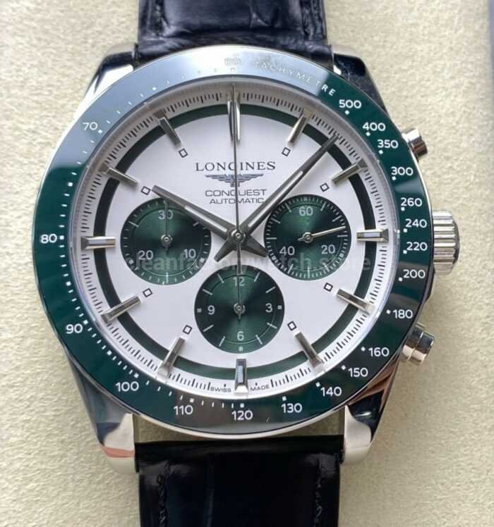 AF Factory Longines Conquest Chronograph L3.835.4.02.6 42mm Steel Leather Strap Green Eyes White Dial 8 Super Clone Watch,Clean Factory Watch