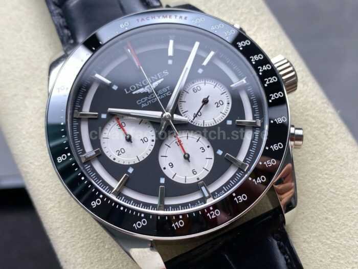 AF Factory Longines Conquest Chronograph L3.835.4.52.6 42mm Steel Leather Strap White Eyes Black Dial 2 Super Clone Watch,Clean Factory Watch