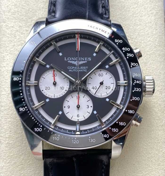 AF Factory Longines Conquest Chronograph L3.835.4.52.6 42mm Steel Leather Strap White Eyes Black Dial 9 Super Clone Watch,Clean Factory Watch