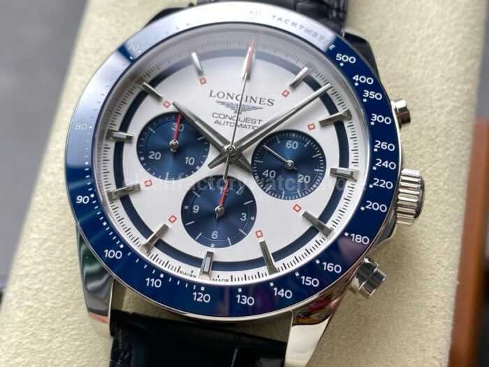 AF Factory Longines Conquest Chronograph L3.835.4.98.6 42mm Steel Leather Strap Blue Eyes White Dial 2 Super Clone Watch,Clean Factory Watch