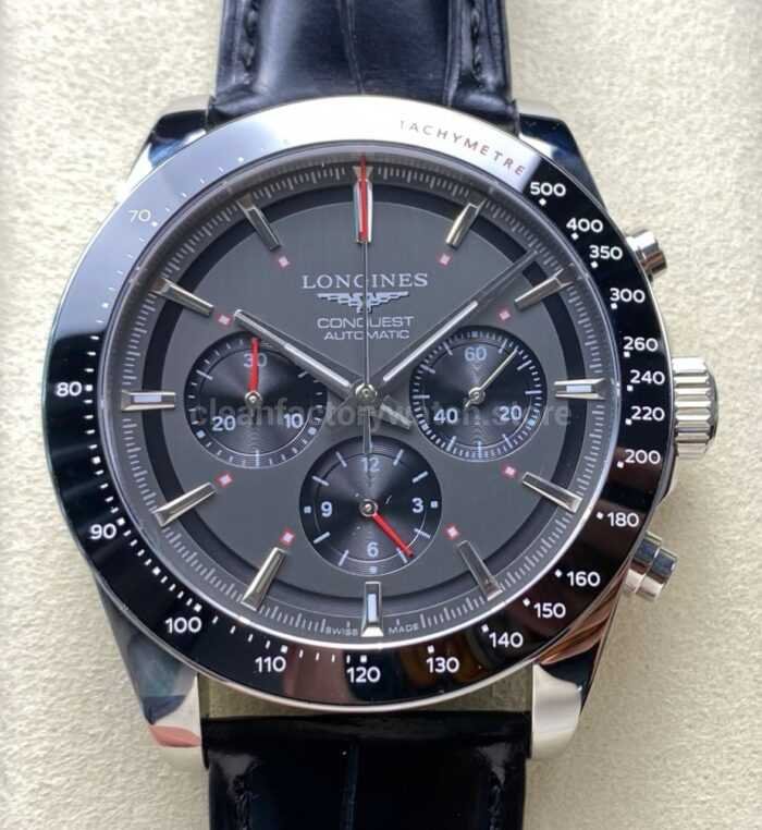 AF Factory Longines Conquest Chronograph L3.836.4.52.9 42mm Steel Leather Strap Black Eyes Gray Dial 5 Super Clone Watch,Clean Factory Watch