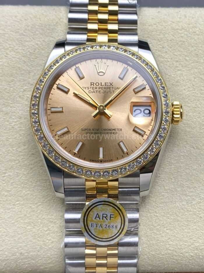 ARF Factory Counterweight Rolex Datejust 278383RBR 0014 31mm Yellow Gold Diamond Champagne Dial 1 Super Clone Watch,Clean Factory Watch