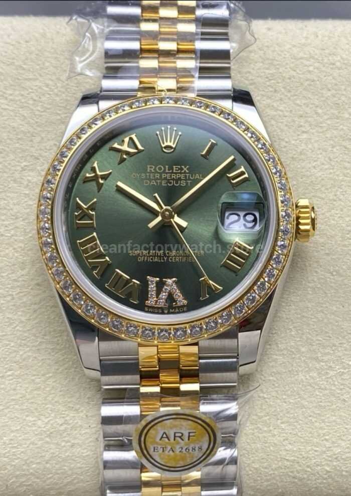 ARF Factory Counterweight Rolex Datejust 278383RBR 0016 31mm Yellow Gold Diamond Roman VI Green Dial 2 Super Clone Watch,Clean Factory Watch
