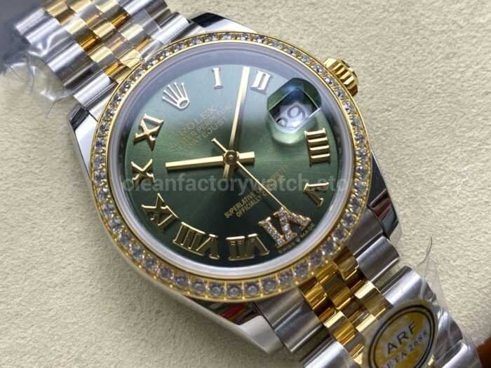 ARF Factory Counterweight Rolex Datejust 278383RBR 0016 31mm Yellow Gold Diamond Roman VI Green Dial 3 Super Clone Watch,Clean Factory Watch