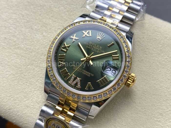 ARF Factory Counterweight Rolex Datejust 278383RBR 0016 31mm Yellow Gold Diamond Roman VI Green Dial 5 Super Clone Watch,Clean Factory Watch