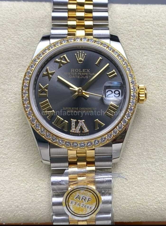 ARF Factory Counterweight Rolex Datejust 278383RBR 0018 31mm Yellow Gold Diamond Roman VI Grey Dial 2 Super Clone Watch,Clean Factory Watch