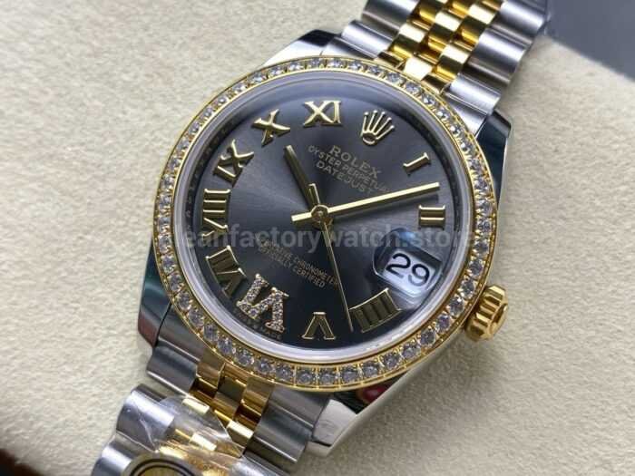 ARF Factory Counterweight Rolex Datejust 278383RBR 0018 31mm Yellow Gold Diamond Roman VI Grey Dial 3 Super Clone Watch,Clean Factory Watch