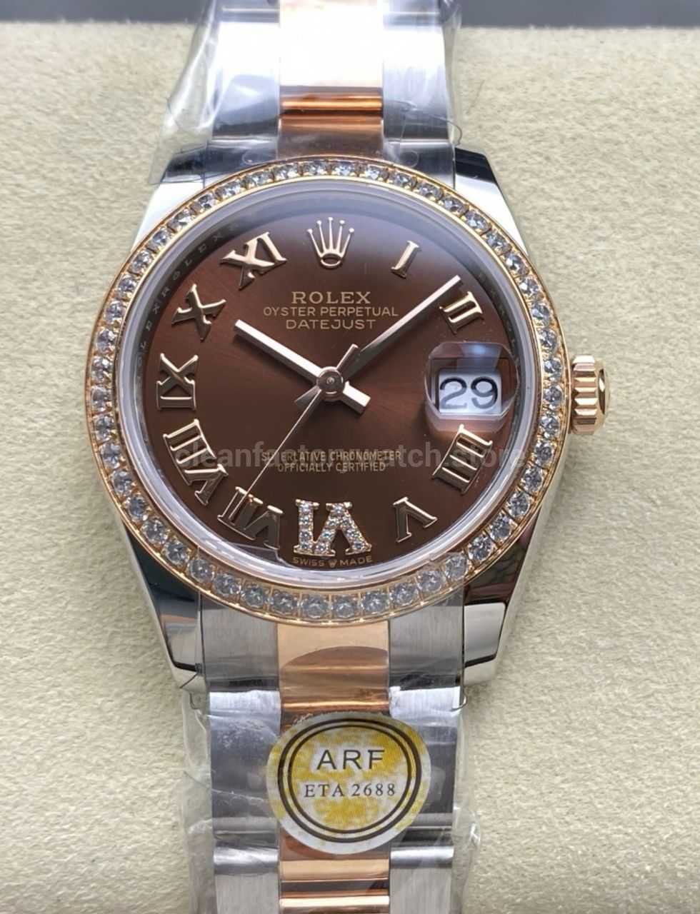 ARF Factory Counterweight Rolex Datejust Oyster 278381RBR-0005 31mm Rose Gold Diamond Bezel Roman VI Brown Dial