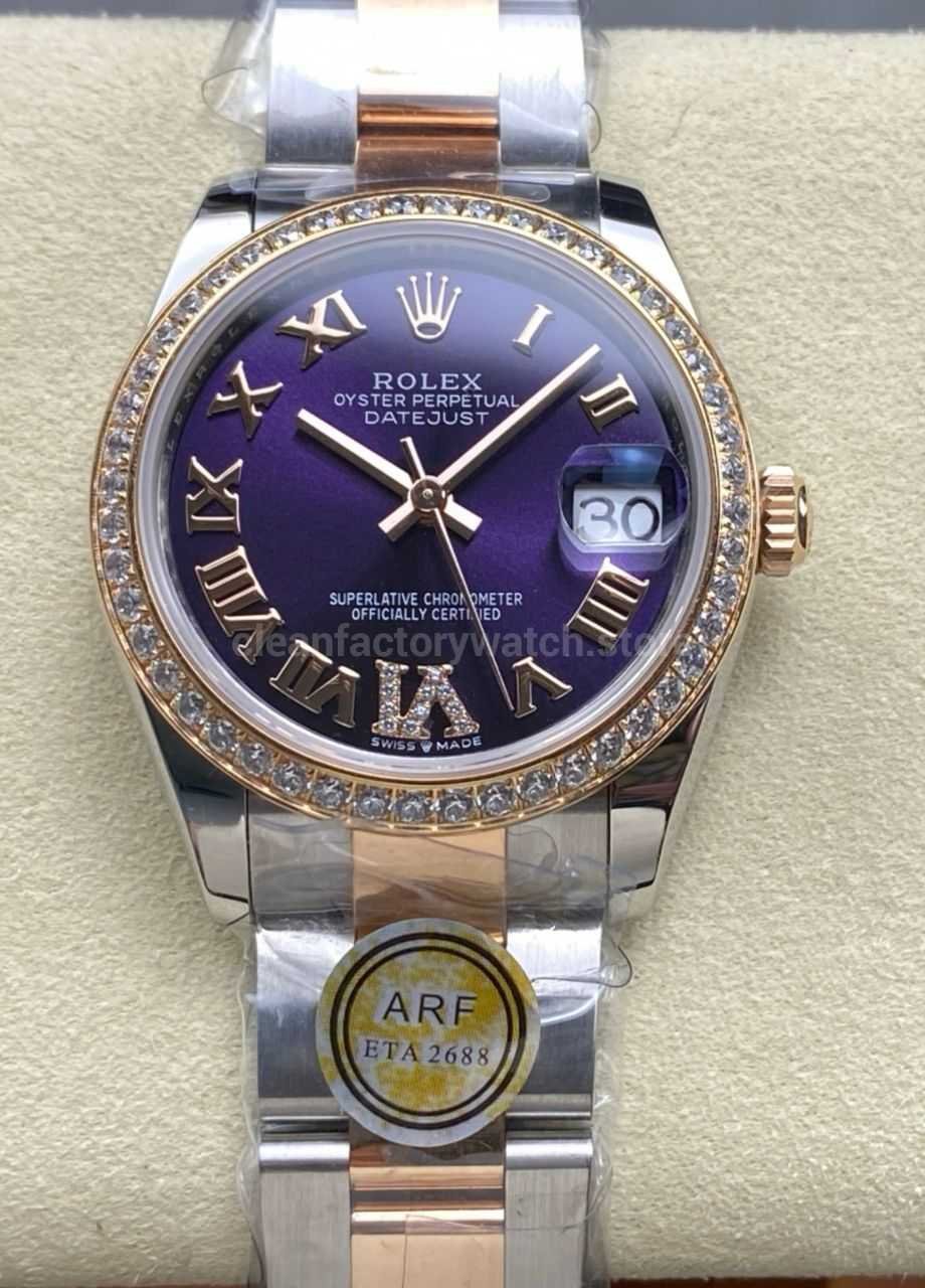 ARF Factory Counterweight Rolex Datejust Oyster 278381RBR-0019 31mm Rose Gold Diamond Bezel Roman VI Purple Dial