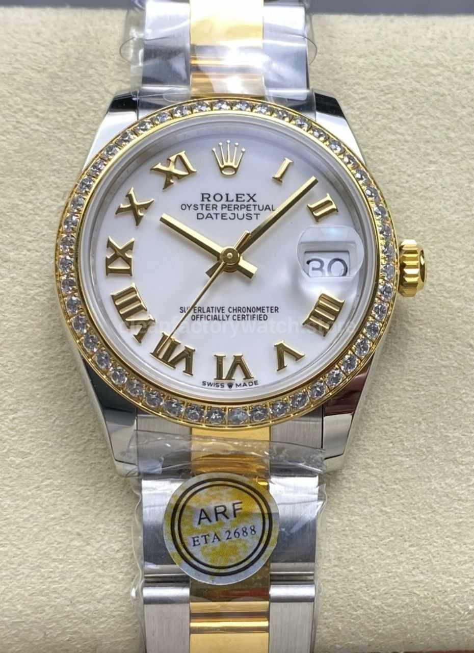 ARF Factory Counterweight Rolex Datejust Oyster 278383RBR-0001 31mm Yellow Gold Diamond Bezel Roman VI White Dial