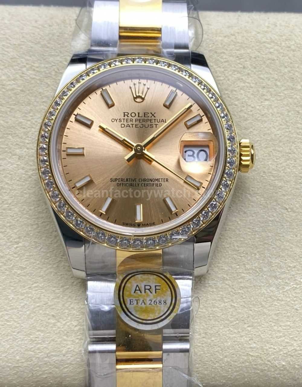 ARF Factory Counterweight Rolex Datejust Oyster 278383RBR-0013 31mm Yellow Gold Diamond Bezel Champagne Dial