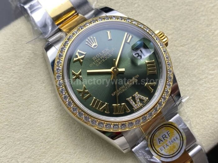 ARF Factory Counterweight Rolex Datejust Oyster 278383RBR-0015 31mm Yellow Gold Diamond Bezel Roman VI Green Dial - Image 2