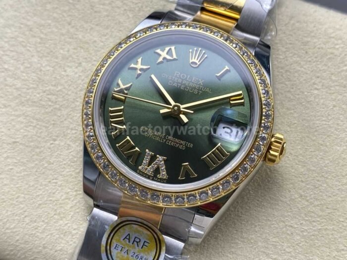 ARF Factory Counterweight Rolex Datejust Oyster 278383RBR-0015 31mm Yellow Gold Diamond Bezel Roman VI Green Dial - Image 3