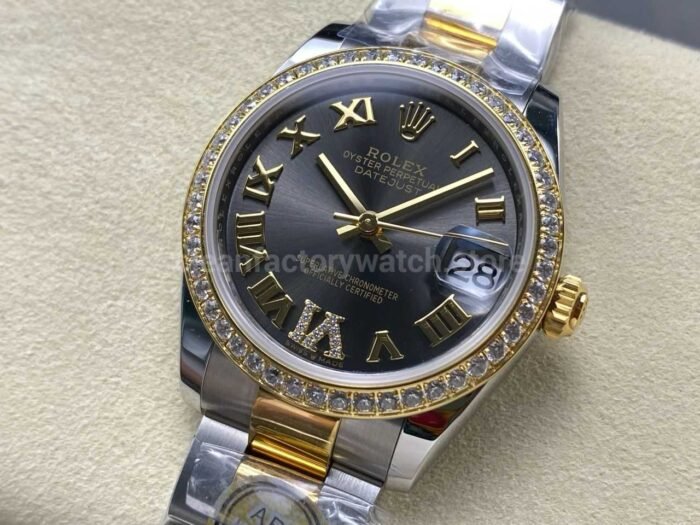 ARF Factory Counterweight Rolex Datejust Oyster 278383RBR-0017 31mm Yellow Gold Diamond Bezel Roman VI Grey Dial - Image 3