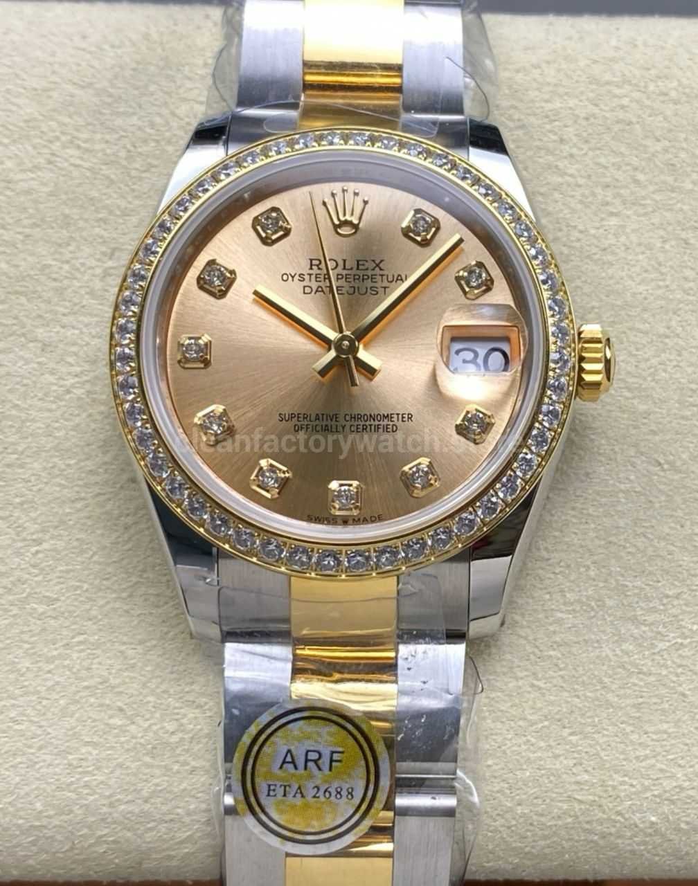 ARF Factory Counterweight Rolex Datejust Oyster 278383RBR-0025 31mm Yellow Gold Diamond Bezel Champagne Dial