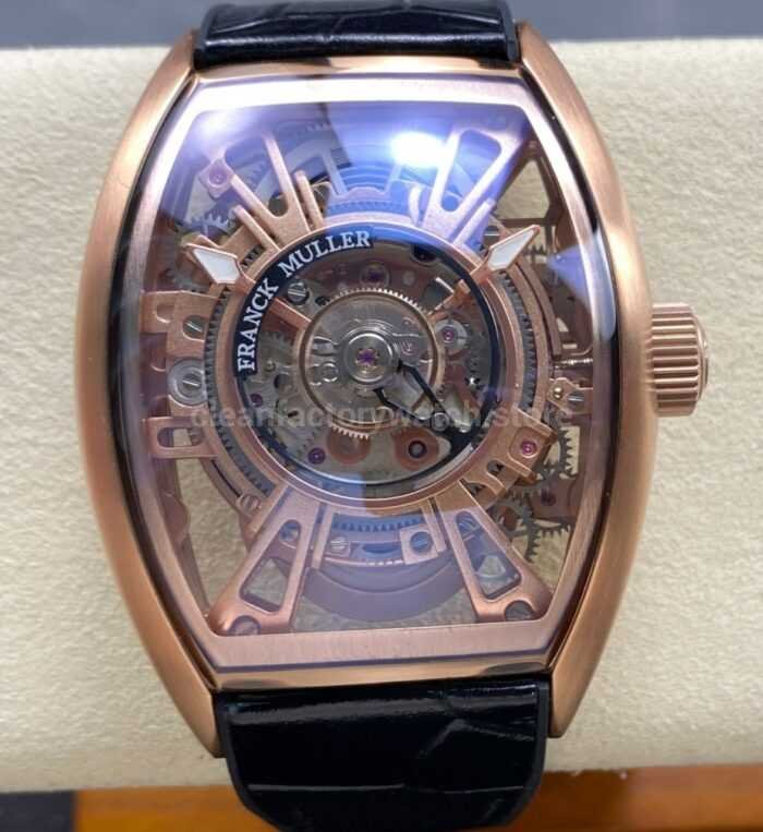 FM Factory Franck Muller Tourbillon Cintree Curvex 44mm Rose Gold Rubber Leather Strap Tourbillon Skeleton 10 Super Clone Watch,Clean Factory Watch
