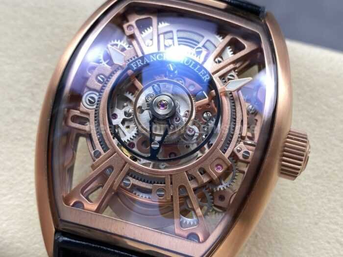 FM Factory Franck Muller Tourbillon Cintree Curvex 44mm Rose Gold Rubber Leather Strap Tourbillon Skeleton 4 Super Clone Watch,Clean Factory Watch
