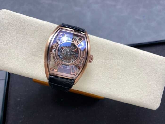 FM Factory Franck Muller Tourbillon Cintree Curvex 44mm Rose Gold Rubber Leather Strap Tourbillon Skeleton 7 Super Clone Watch,Clean Factory Watch