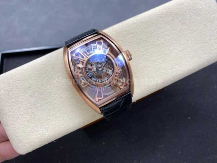 FM Factory Franck Muller Tourbillon Cintree Curvex 44mm Rose Gold Rubber Leather Strap Tourbillon Skeleton 9 Super Clone Watch,Clean Factory Watch