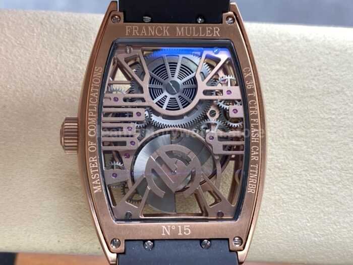 FM Factory Franck Muller Tourbillon Cintree Curvex 44mm Rose Gold Rubber Leather Strap Tourbillon Skeleton D 1 Super Clone Watch,Clean Factory Watch