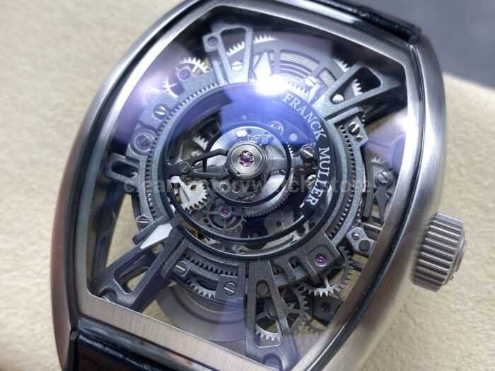 FM Factory Franck Muller Tourbillon Cintree Curvex 44mm Steel Rubber Leather Strap Tourbillon Skeleton Dial 1 Super Clone Watch,Clean Factory Watch