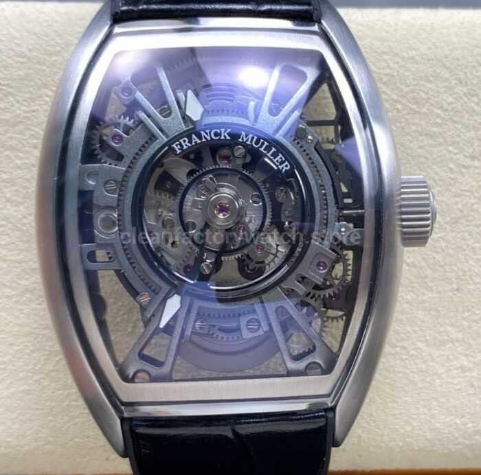 FM Factory Franck Muller Tourbillon Cintree Curvex 44mm Steel Rubber Leather Strap Tourbillon Skeleton Dial 1 9 Super Clone Watch,Clean Factory Watch