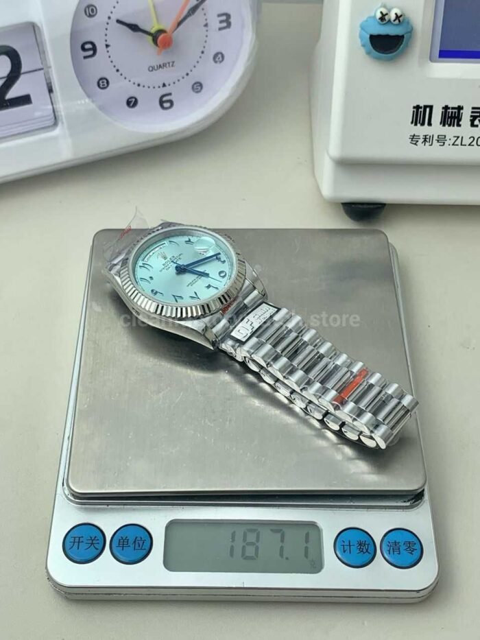 QF Factory Counterweight Rolex Day-Date 228236 Platinum Arabic Numerals Ice Blue Dial - Image 5