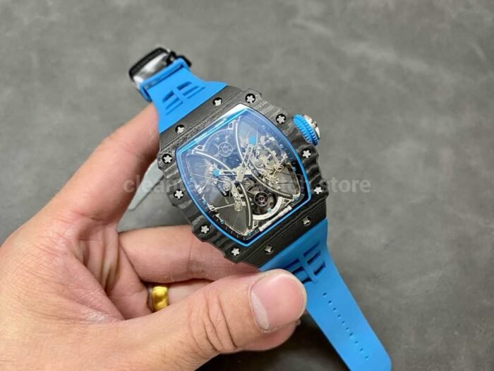 RM Factory Richard Mille RM 53-01 43mm Carbon Fiber Blue Rubber Strap Skeletonized Black Dial - Image 4