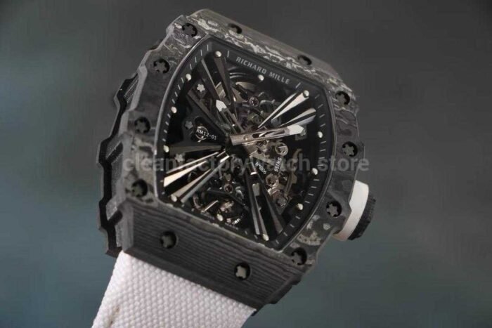 RM Factory Richard Mille RM12-01 Black Carbon Fiber White Canvas Strap Skeletonized Black Dial - Image 4