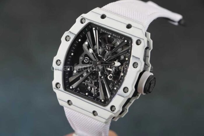 RM Factory Richard Mille RM12-01 Carbon Fiber White Canvas Strap Skeletonized Black Dial - Image 5