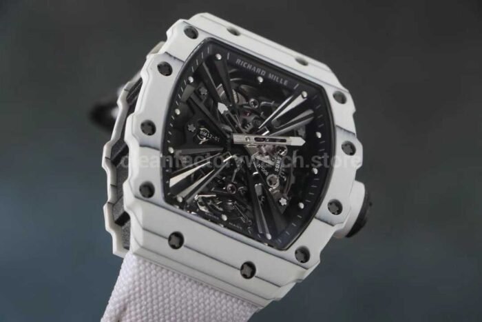 RM Factory Richard Mille RM12-01 Carbon Fiber White Canvas Strap Skeletonized Black Dial - Image 4