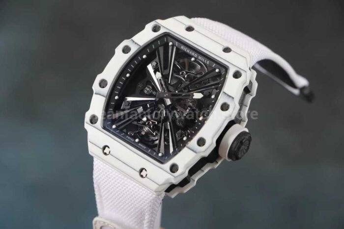 RM Factory Richard Mille RM12-01 Carbon Fiber White Canvas Strap Skeletonized Black Dial - Image 3