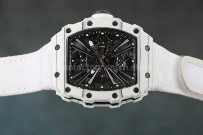 RM Factory Richard Mille RM12-01 Carbon Fiber White Canvas Strap Skeletonized Black Dial - Image 6