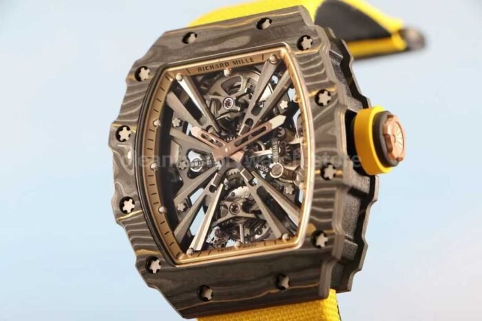 RM Factory Richard Mille RM12-01 Carbon Fiber Yellow Canvas Strap Skeletonized Rose Gold Dial - Image 4
