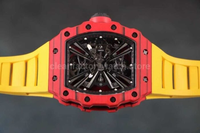 RM Factory Richard Mille RM12-01 Red Carbon Fiber Yellow Rubber Strap Skeletonized Black Dial - Image 6