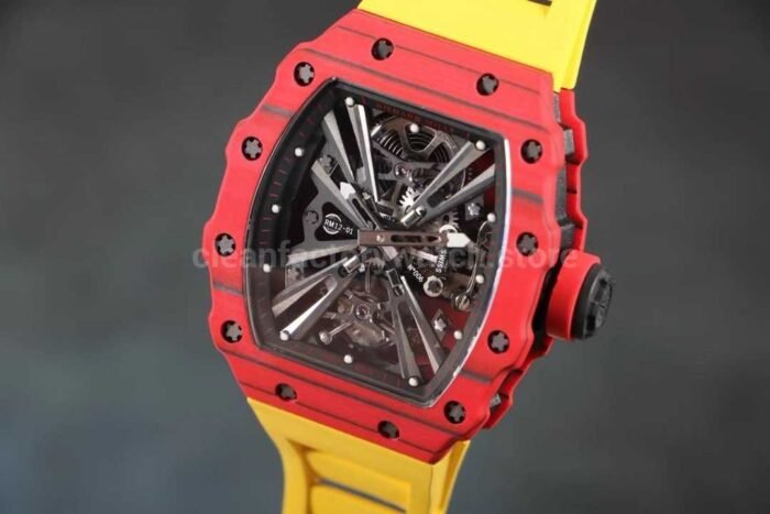 RM Factory Richard Mille RM12-01 Red Carbon Fiber Yellow Rubber Strap Skeletonized Black Dial - Image 5