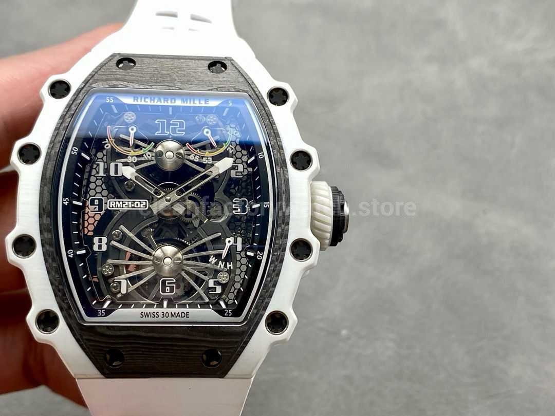 RM Factory Richard Mille RM21-02 Tourbillon 43mm White Ceramics White Rubber Strap Arabic numerals Skeletonized Black Dial