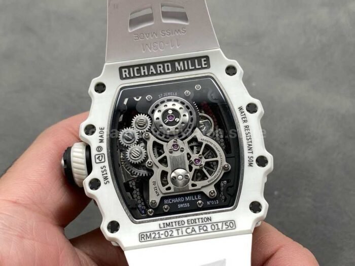 RM Factory Richard Mille RM21-02 Tourbillon 43mm White Ceramics White Rubber Strap Arabic numerals Skeletonized Black Dial - Image 7