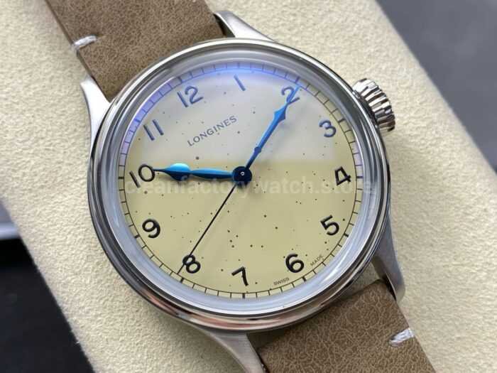 VC Factory Longines Heritage L28194932 38.5mm Steel Calf skin Strap Arabic Numerals Yellow Dial 3 Super Clone Watch,Clean Factory Watch