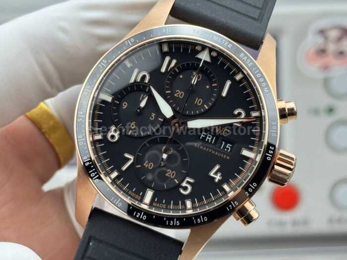 JP Factory IWC Pilot Chronograph IW388309 41mm Rose Gold Rubber Strap Arabic Numerals Black Dial - Image 3