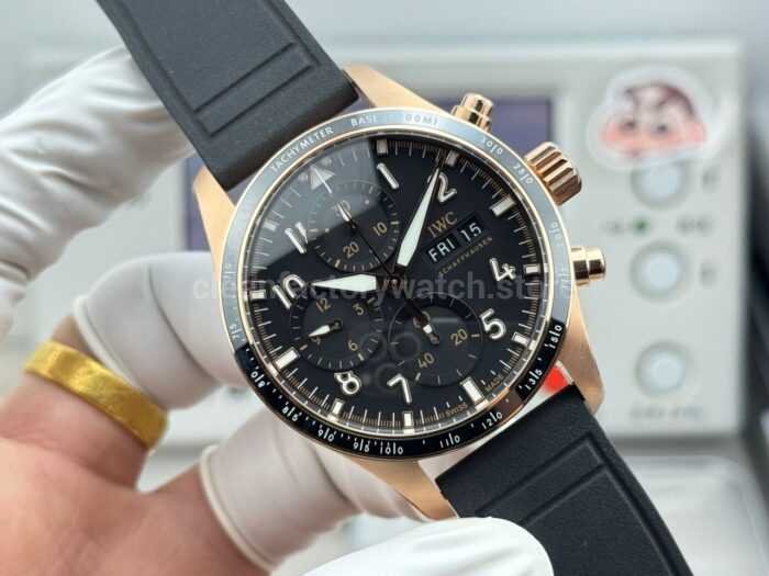 JP Factory IWC Pilot Chronograph IW388309 41mm Rose Gold Rubber Strap Arabic Numerals Black Dial - Image 4
