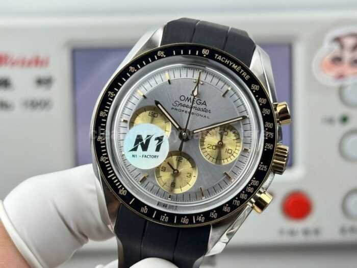 N1 Factory Omega Speedmaster Professional Moonwatch 310.20.42.50.02.001 Yellow Gold Rubber Strap Silver Dial - Image 3