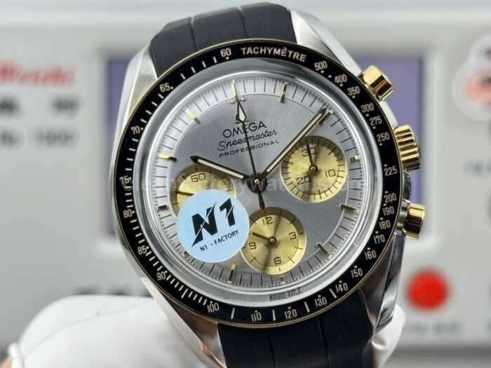 N1 Factory Omega Speedmaster Professional Moonwatch 310.20.42.50.02.001 Yellow Gold Rubber Strap Silver Dial - Image 2