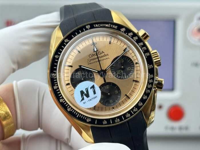 N1 Factory Omega Speedmaster Professional Moonwatch 310.62.42.50.99.001 Yellow Gold Rubber Strap Pink Dial - Image 2