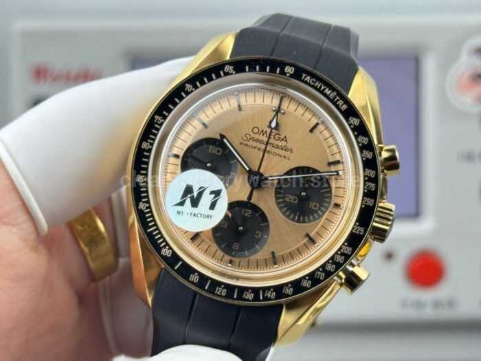 N1 Factory Omega Speedmaster Professional Moonwatch 310.62.42.50.99.001 Yellow Gold Rubber Strap Pink Dial - Image 3