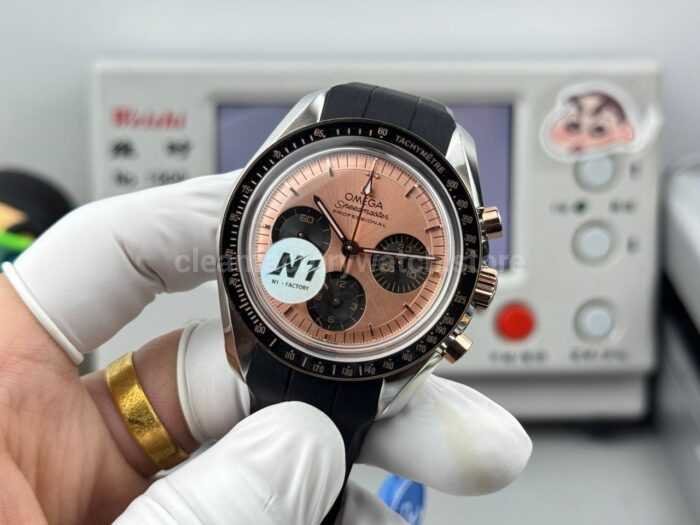 N1 Factory Omega Speedmaster Professional Moonwatch 310.62.42.50.99.001 Steel Rubber Strap Pink Dial - Image 5