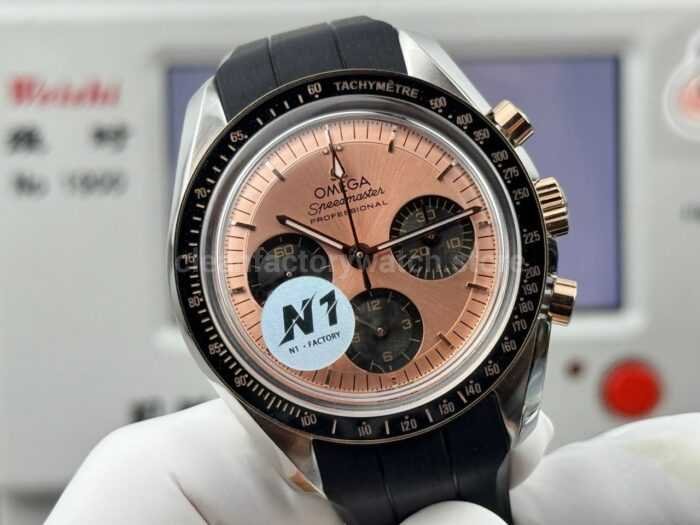 N1 Factory Omega Speedmaster Professional Moonwatch 310.62.42.50.99.001 Steel Rubber Strap Pink Dial - Image 2