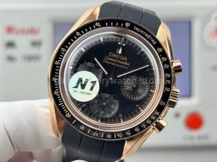 N1 Factory Omega Speedmaster Professional Moonwatch 310.63.42.50.02.001 Rose Gold Rubber Strap Black Dial - Image 3