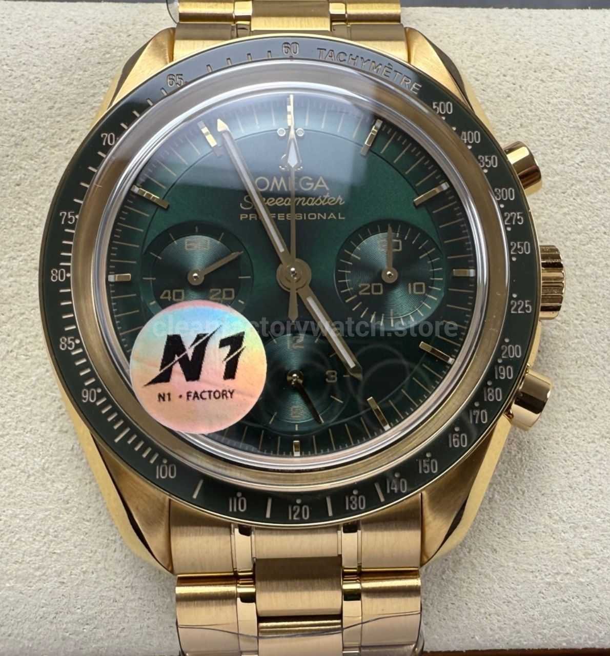 N1 Factory Omega Speedmaster Professional Moonwatch 310.63.42.50.02.001 Yellow Gold Green Dial