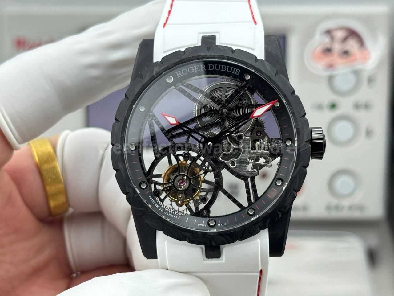 NEW Factory Roger Dubuis Excalibur DBEX0577 42mm Carbon Fiber White Rubber Strap Skeletonized Dial